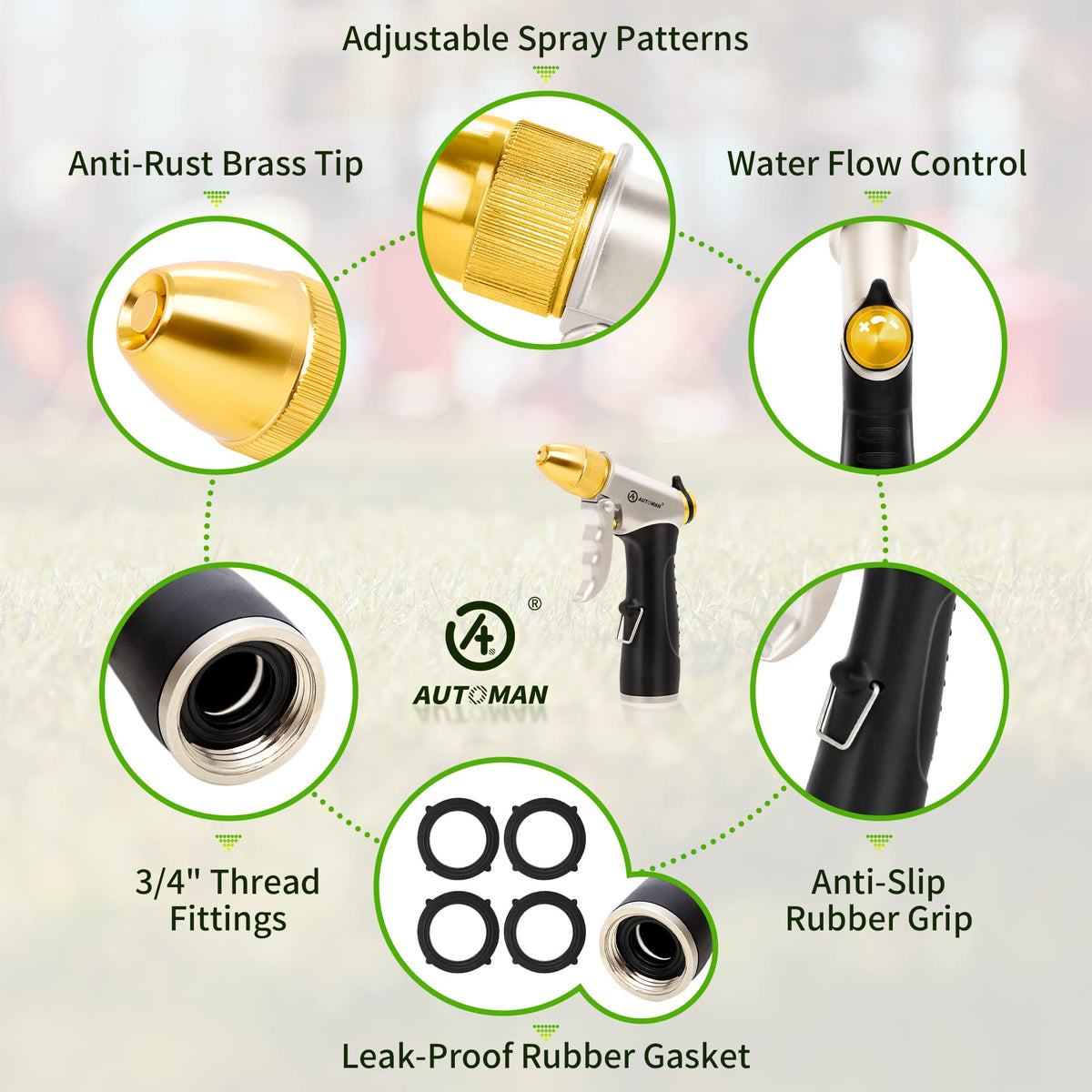 AUTOMAN metal hose nozzle jet-pattern demonstrates four spray modes for versatile tasks.