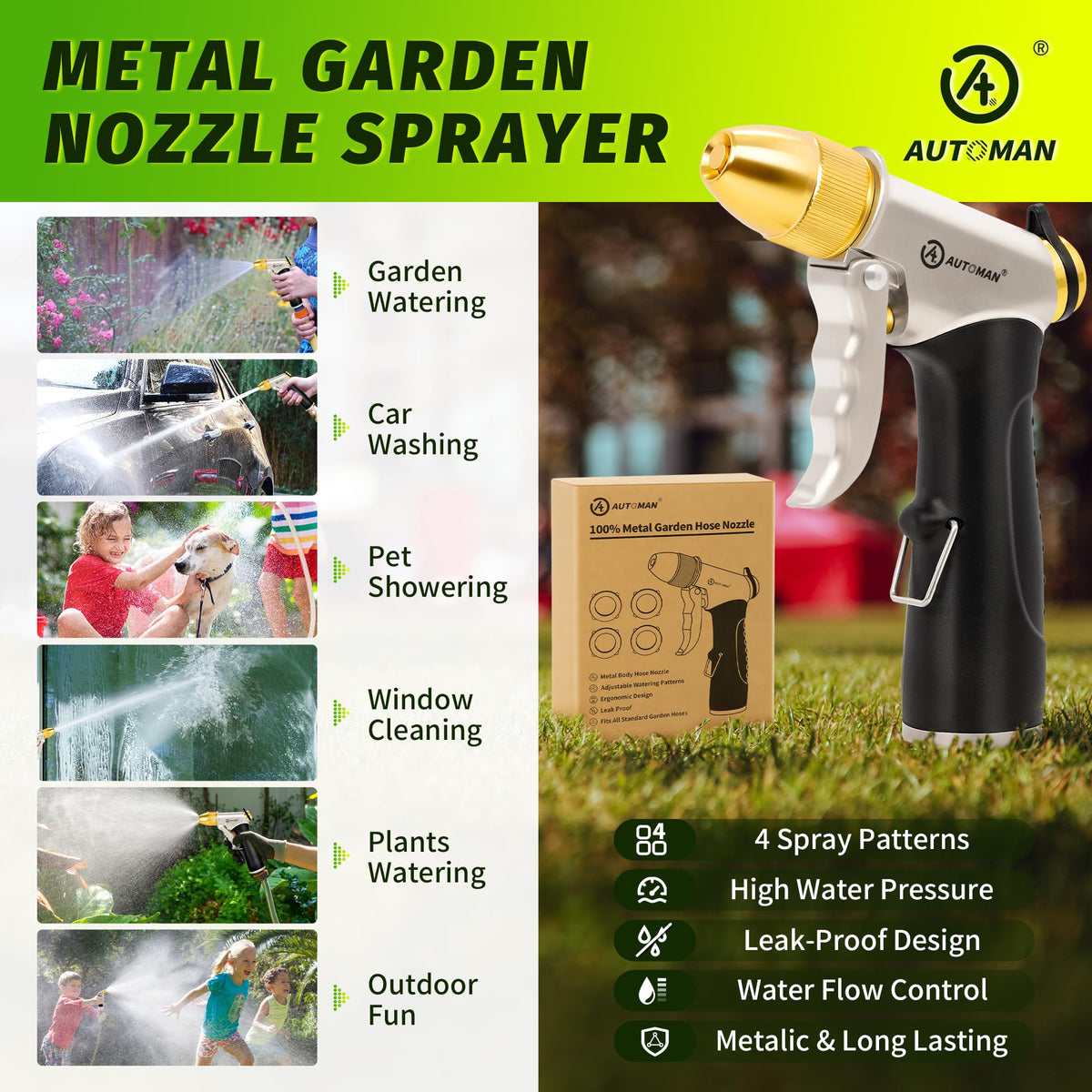 AUTOMAN metal hose nozzle washing-car scene demonstrates effective patio and car cleaning.