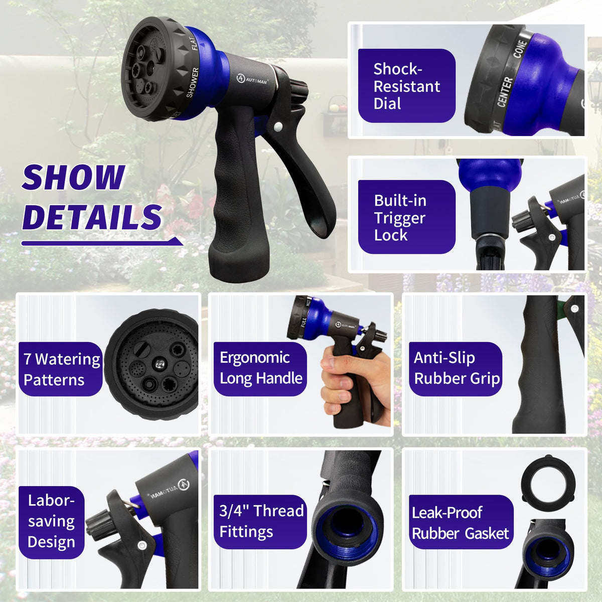 AUTOMAN nozzle with 3/4 inch thread provides leak-free hose connection.