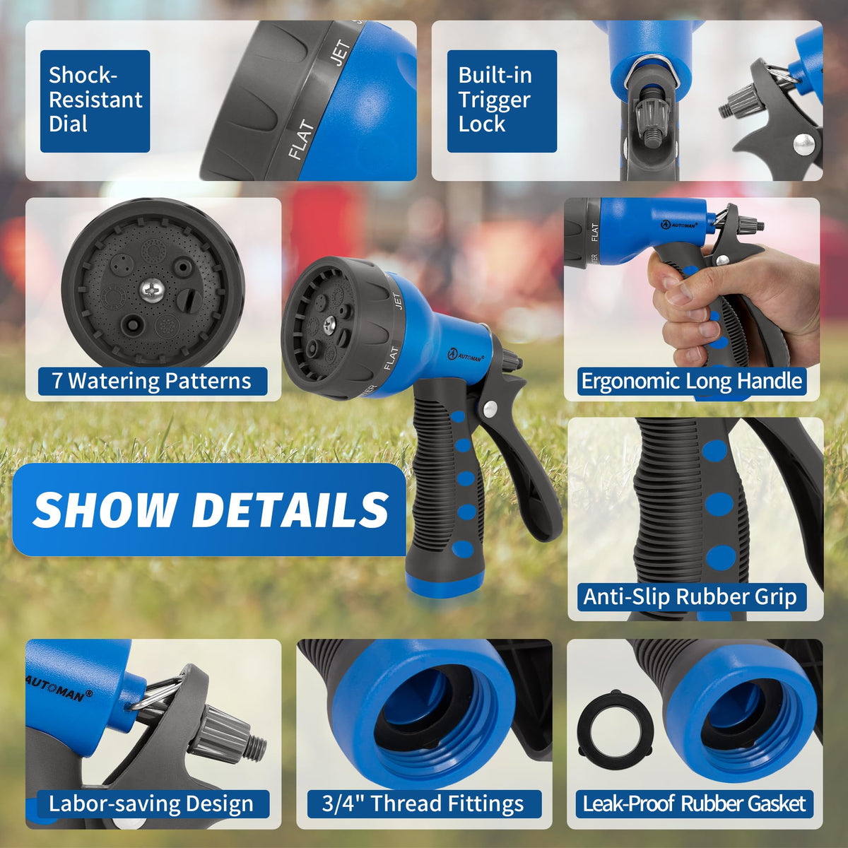 AUTOMAN slip-resistant nozzle grip aids precise control during cleaning and watering.