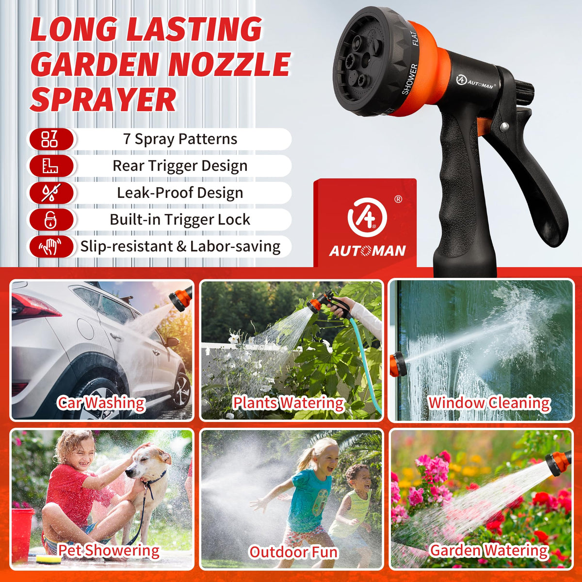 AUTOMAN lock-on feature reduces hand fatigue during prolonged watering