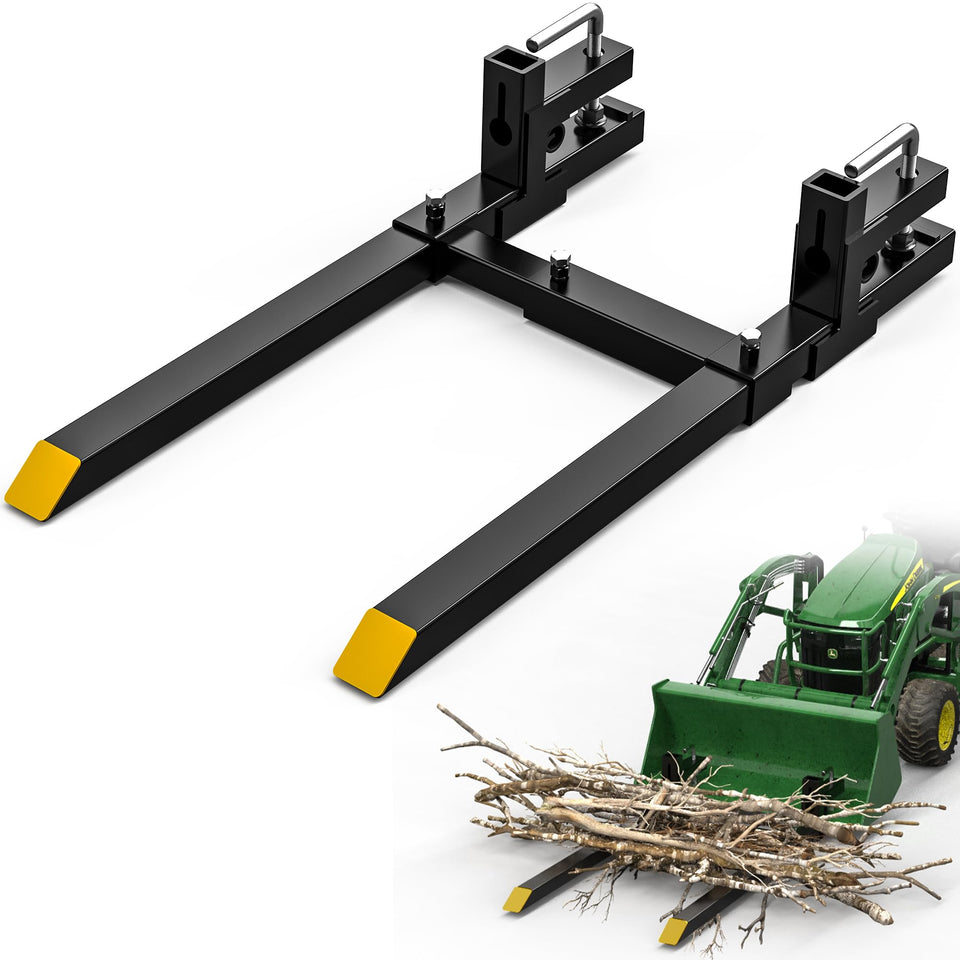 AUTOSAVER88 43-inch clamp-on pallet forks front view for versatile tractor load handling.