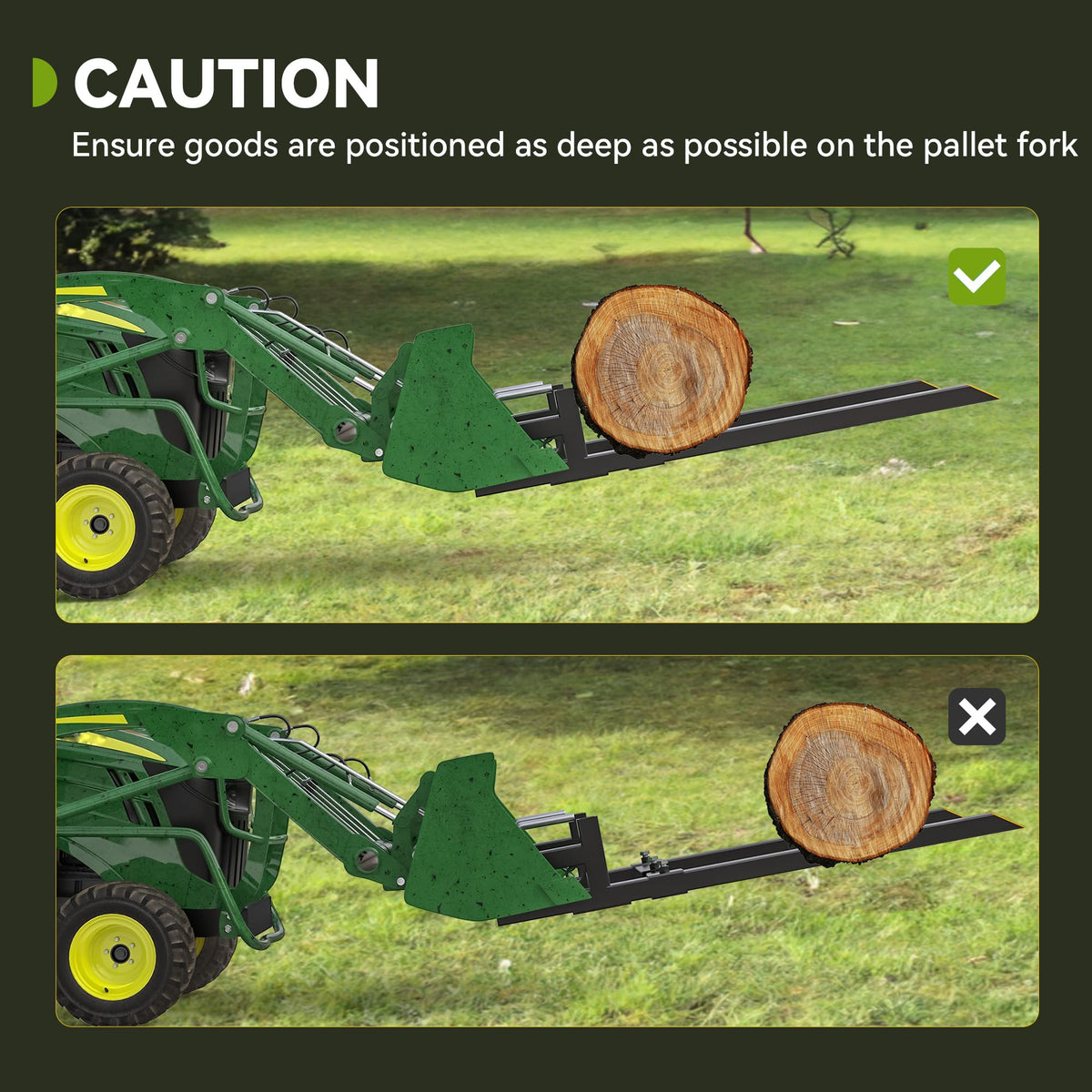 AUTOSAVER88 43-inch clamp-on pallet forks in use with logs for secure loading.
