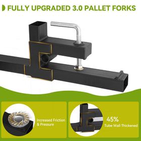 AUTOSAVER88 43-inch clamp-on pallet forks installed on bucket showing quick clamp setup.