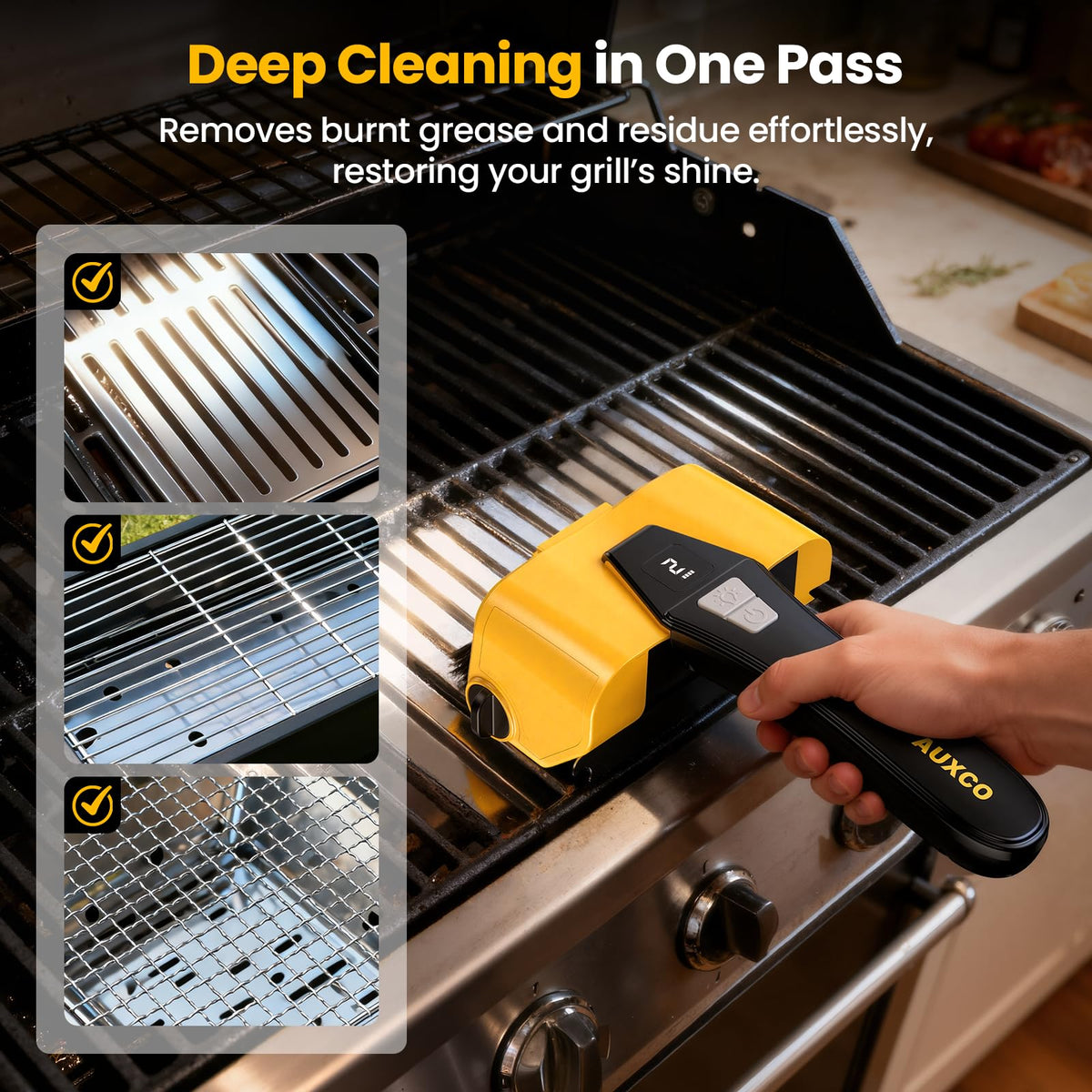 AUXCO grill brush with 304 stainless bristles that resist shedding.