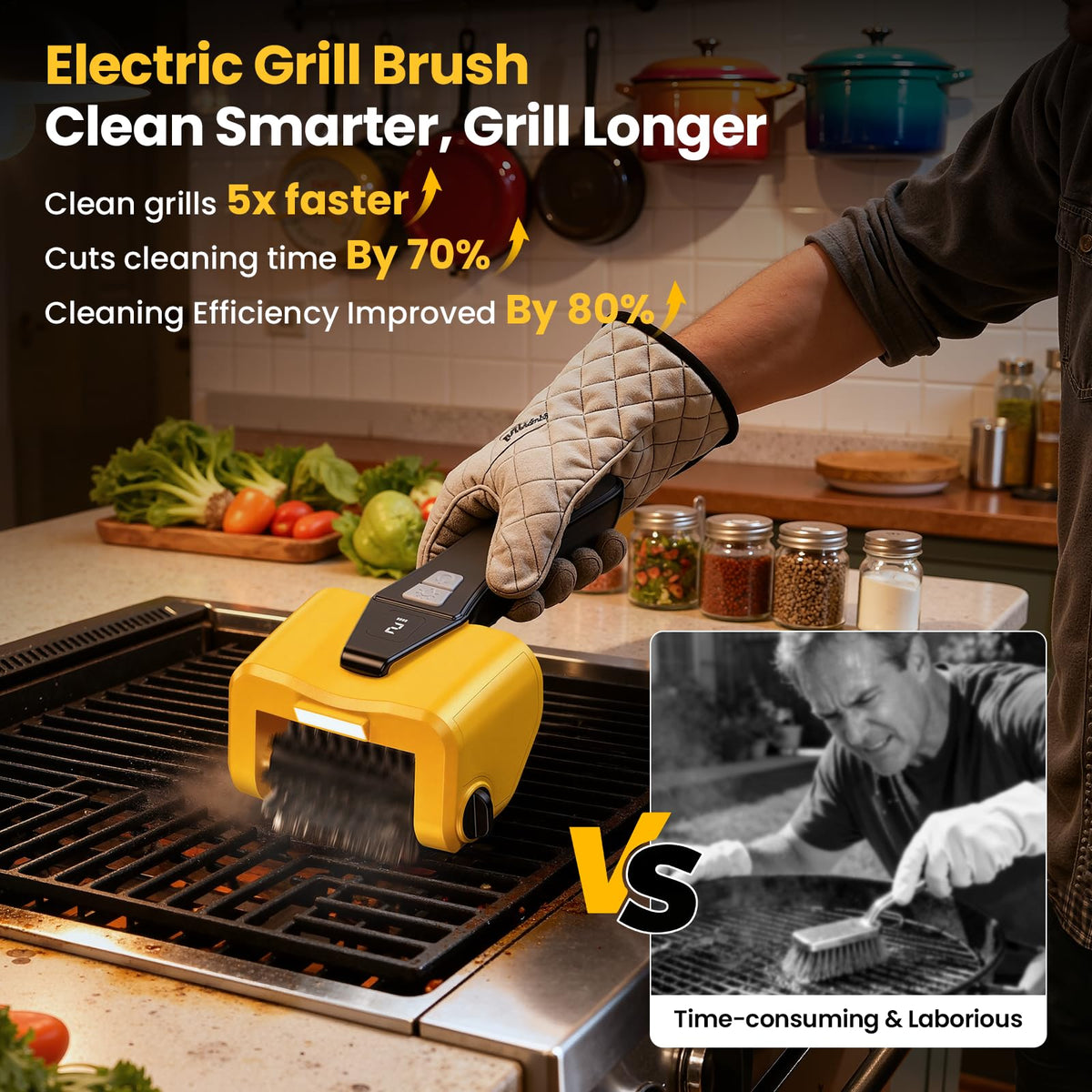 AUXCO grill brush LED light brightens dark grates for precise cleaning.