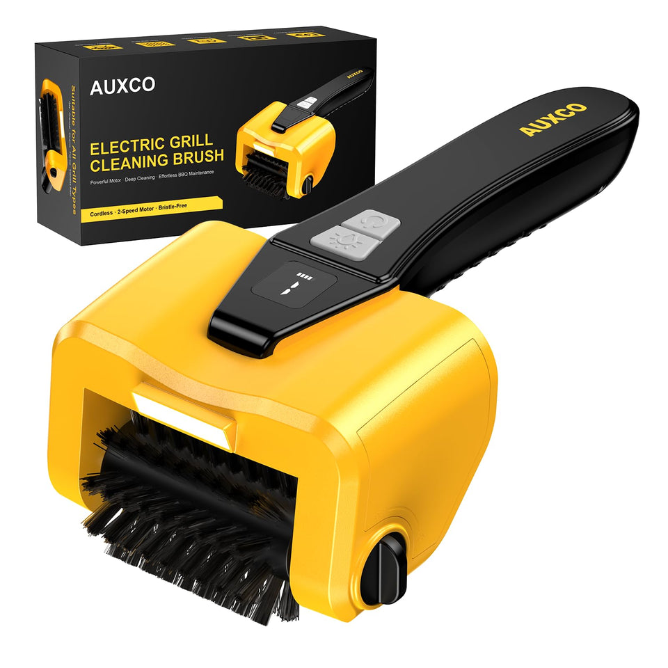 AUXCO grill brush motor in action delivering rapid cleaning on grates.