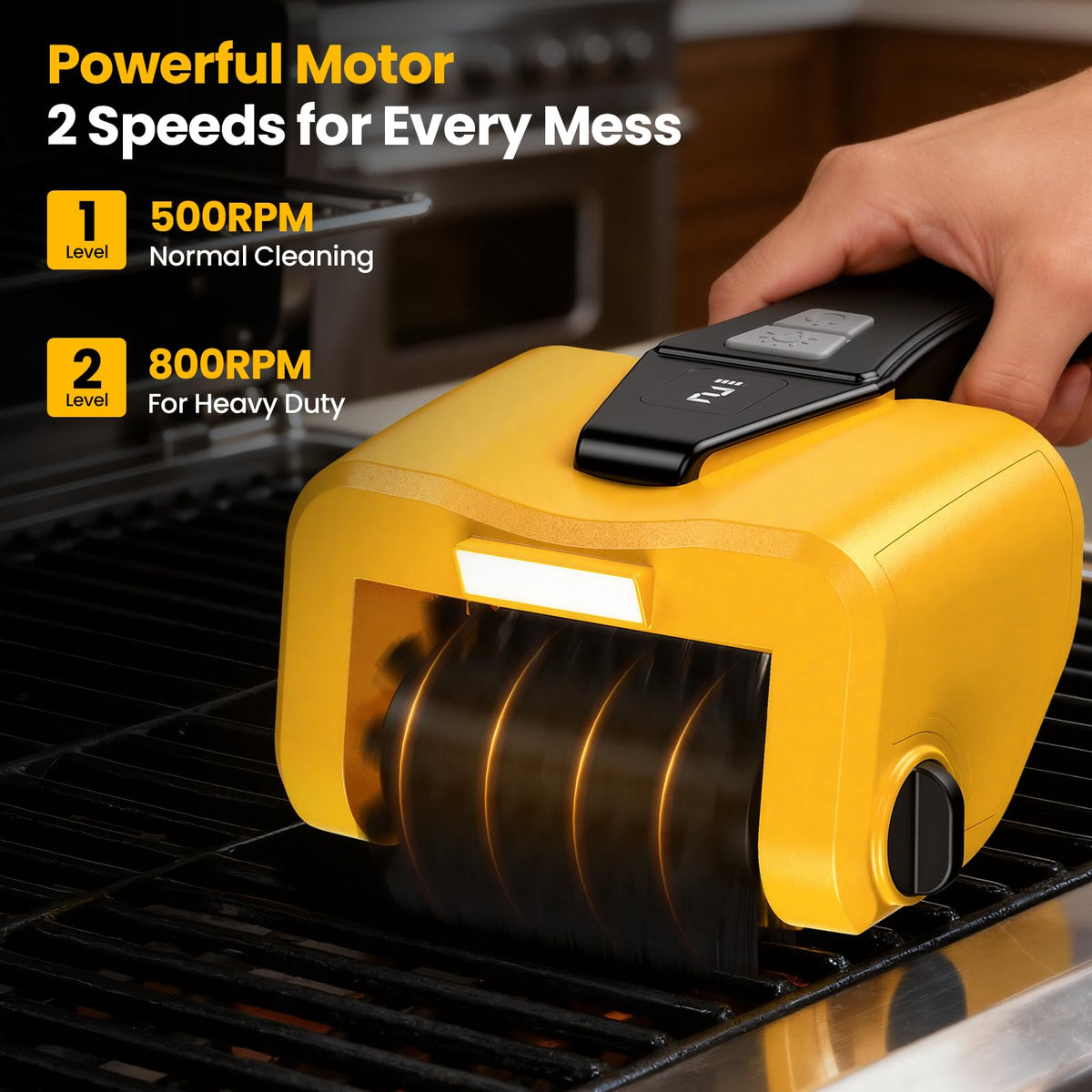 AUXCO grill brush demonstrates powerful scrubbing action on grill grates.