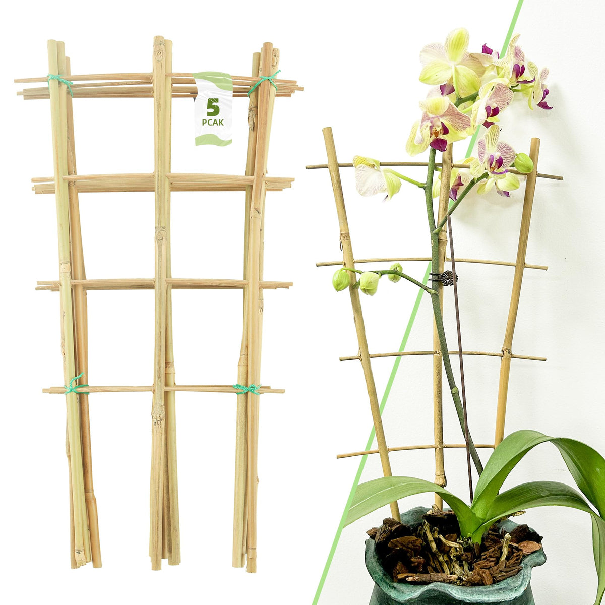 Avalution 16-inch bamboo trellis indoors supports upright growth for potted plants.