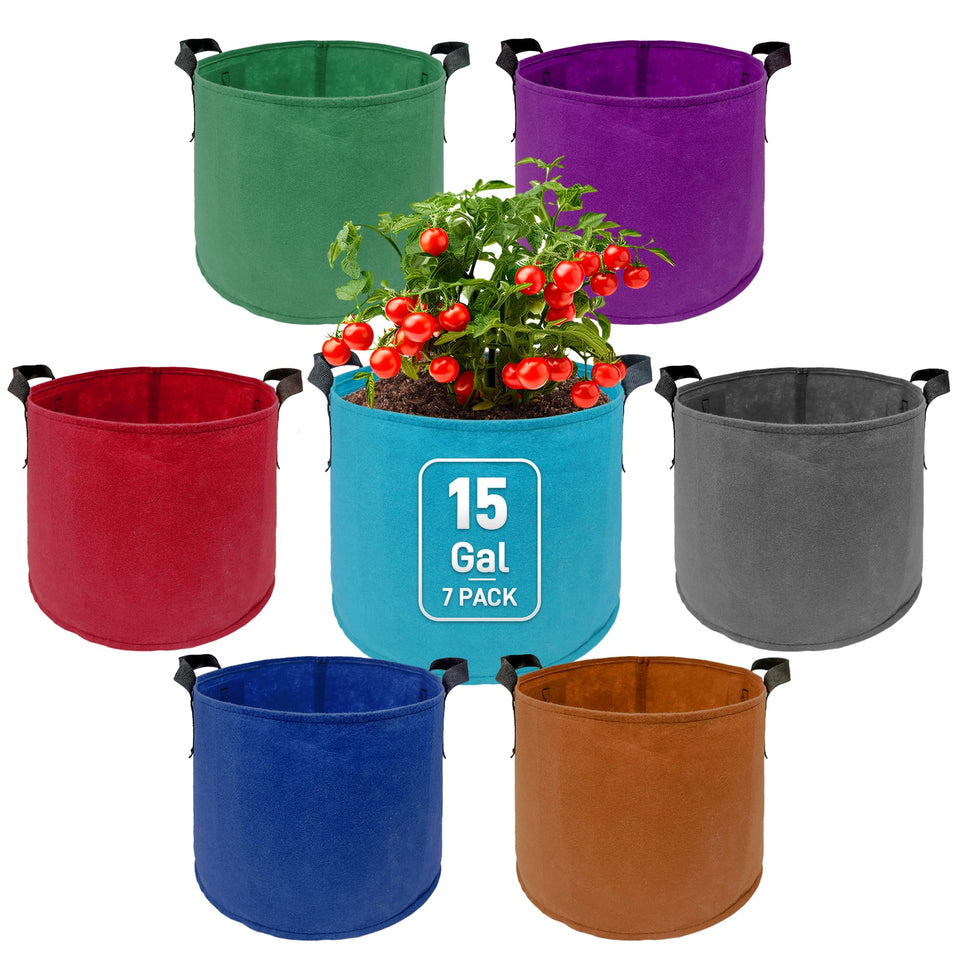 Avalution 7-pack 15-gallon grow bags, colorful collection, ideal for balcony and small-space gardens.