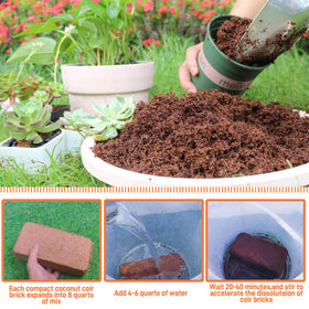 Avalution coco coir bricks expanded to 18 quarts, ideal for pots and beds.