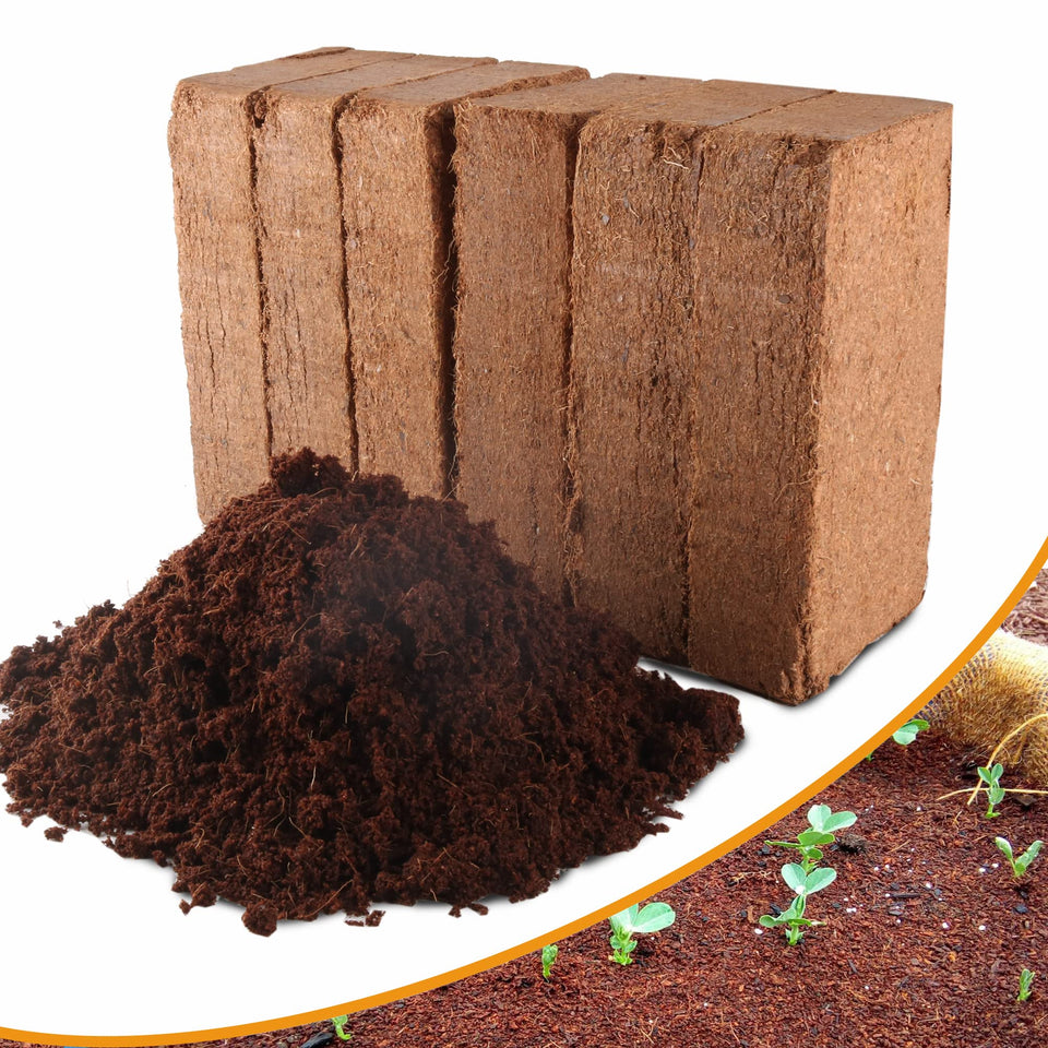 Avalution coconut coir bricks compressed in packaging for easy storage