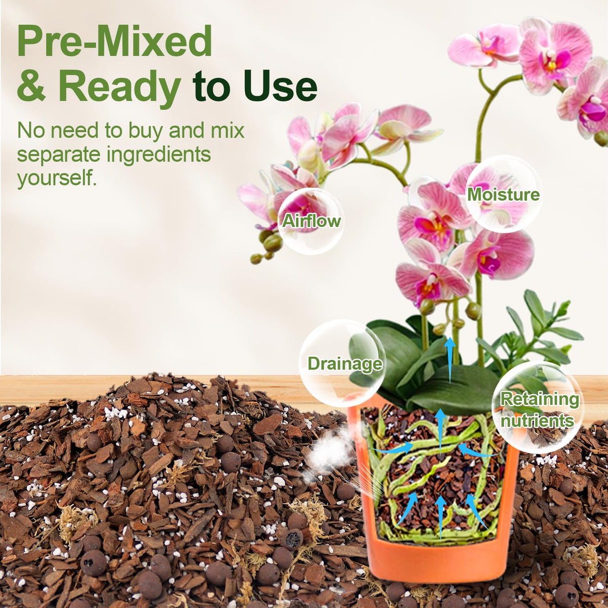 Avalution Orchid Bark Mix 3 Qt drainage closeup with Leca pebbles for airflow