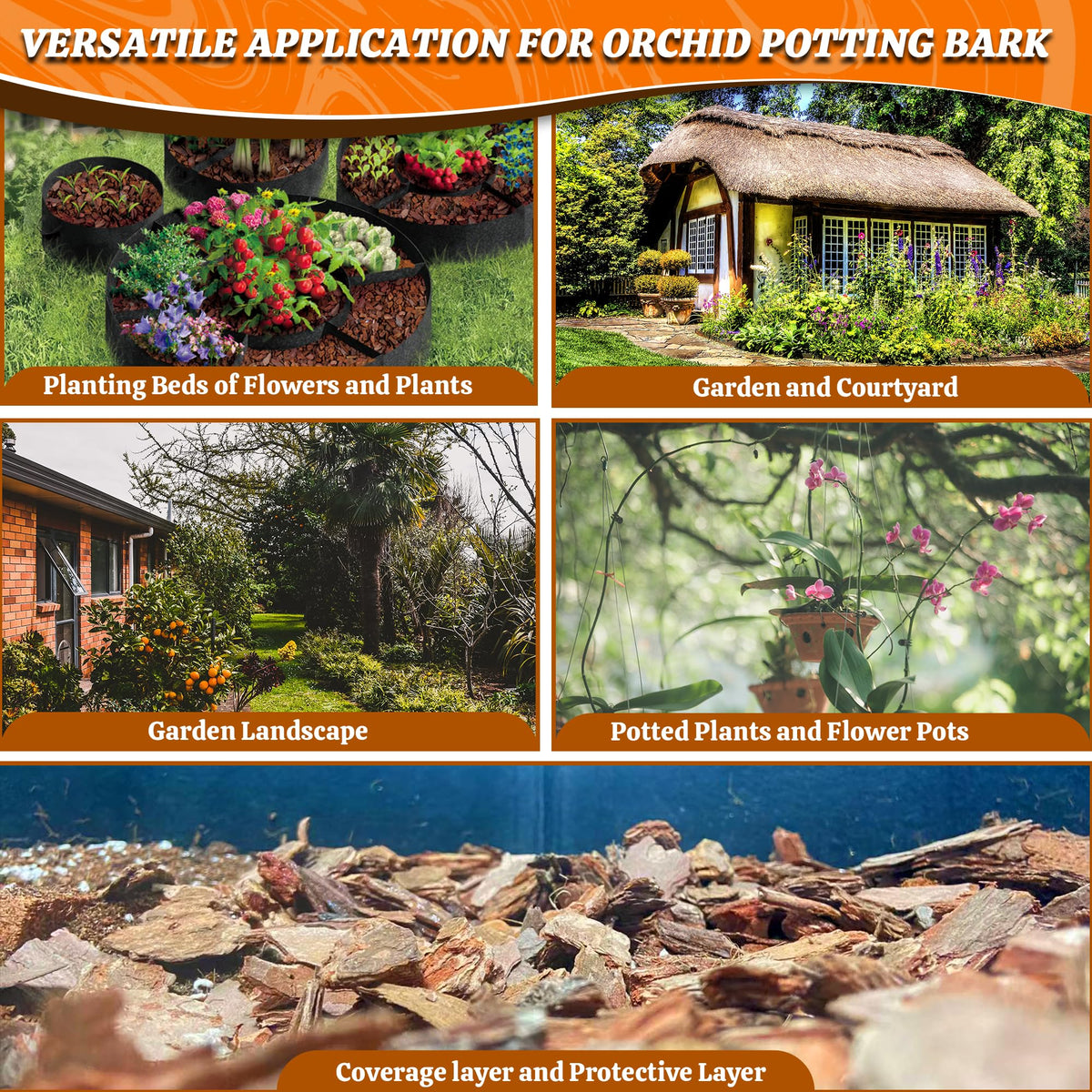 Avalution Orchid Bark versatile-use image highlights all-natural pine mulch for mixed plants.