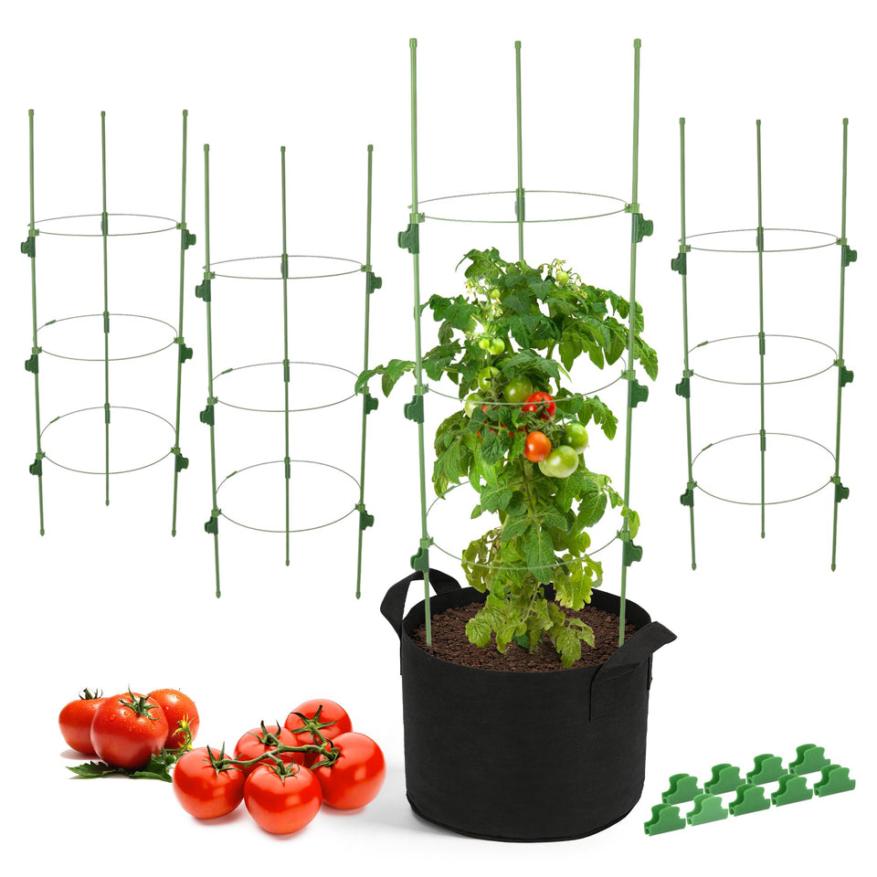 Avalution tomato cage with snap-clip assembly for quick setup.