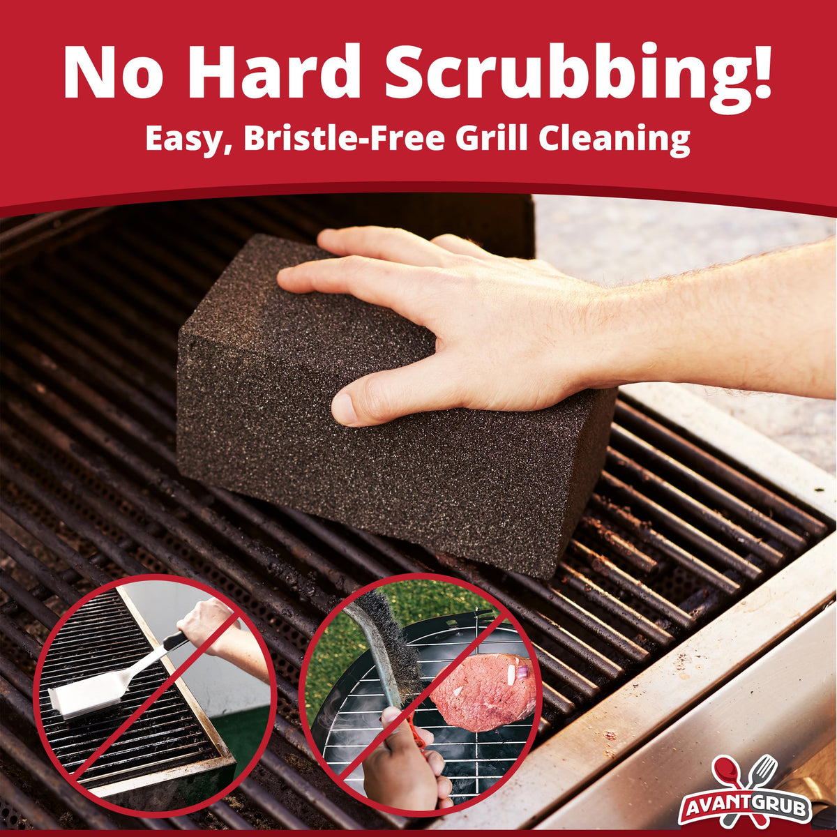 Avant Grub cleaning brick on grill demonstrates non-scratch cleaning for flat tops