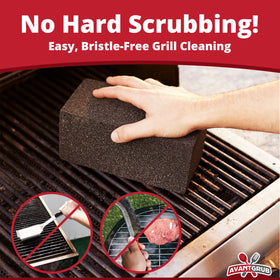 Avant Grub cleaning brick on grill demonstrates non-scratch cleaning for flat tops