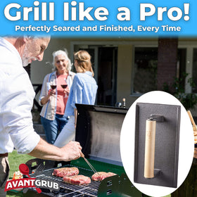 Avant Grub heavy-duty steak press on grill enables quick two-sided cooking