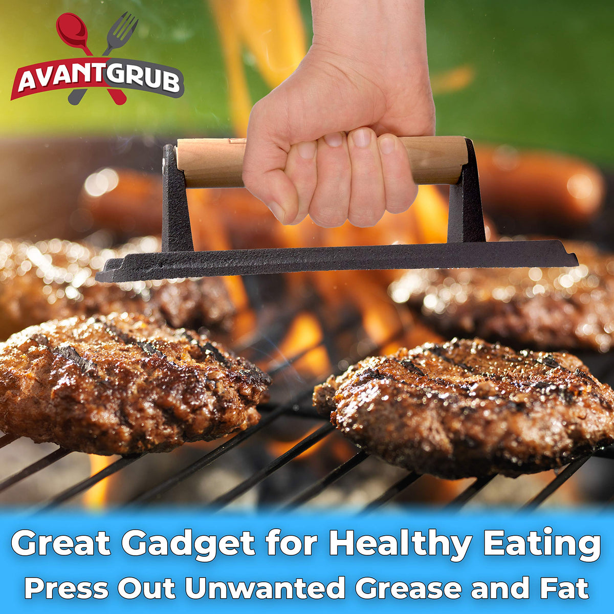 Avant Grub 9x5-inch cast-iron press ideal for paninis and burgers