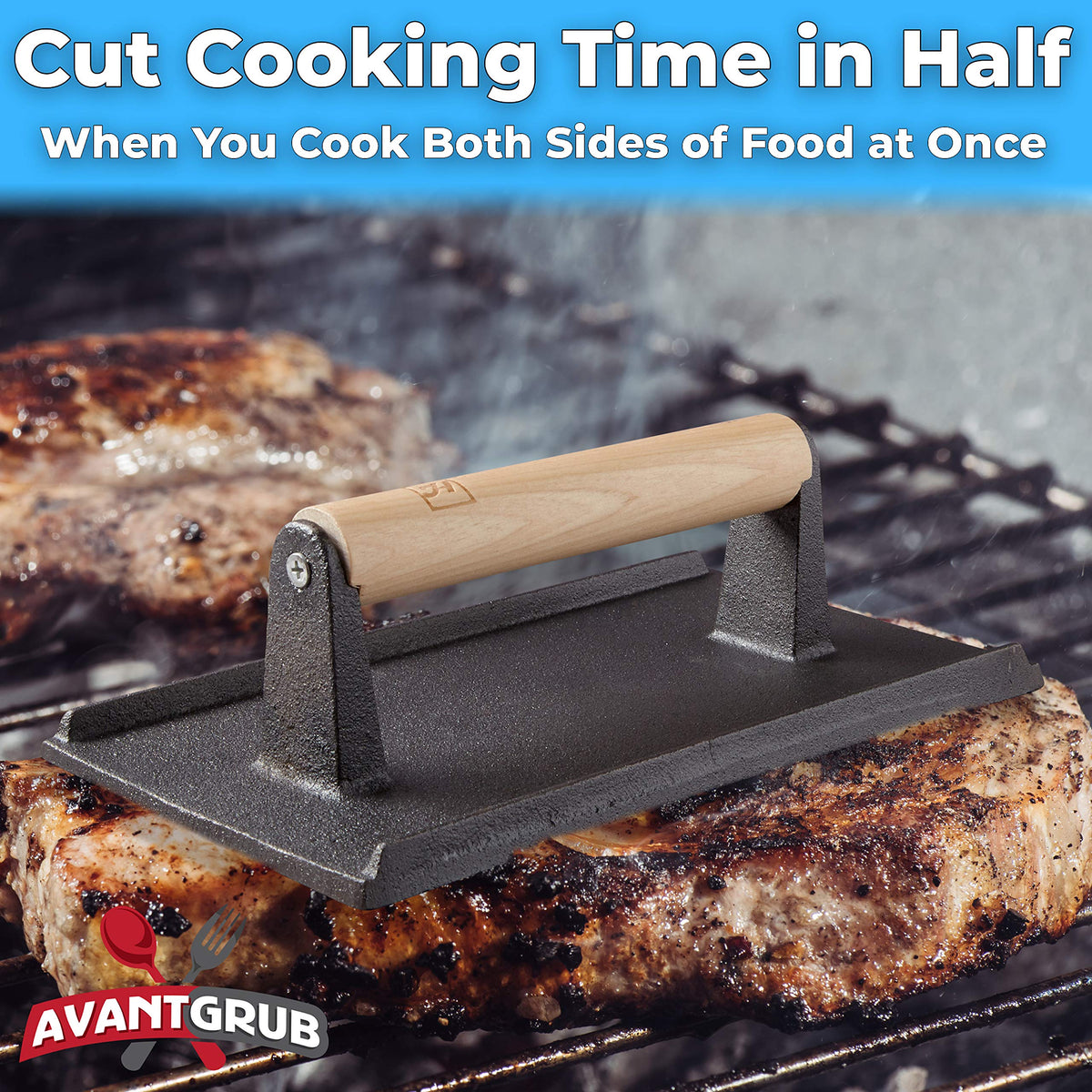 Avant Grub wooden-handle press with comfortable grip during bacon grilling