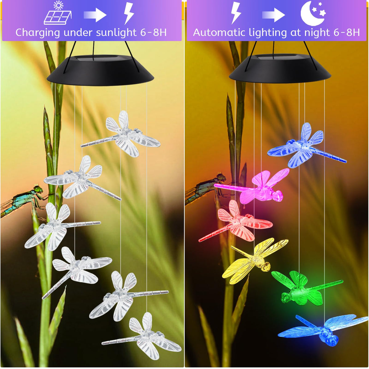 AVEKI wind chimes auto-on at night with energy-saving design in action.