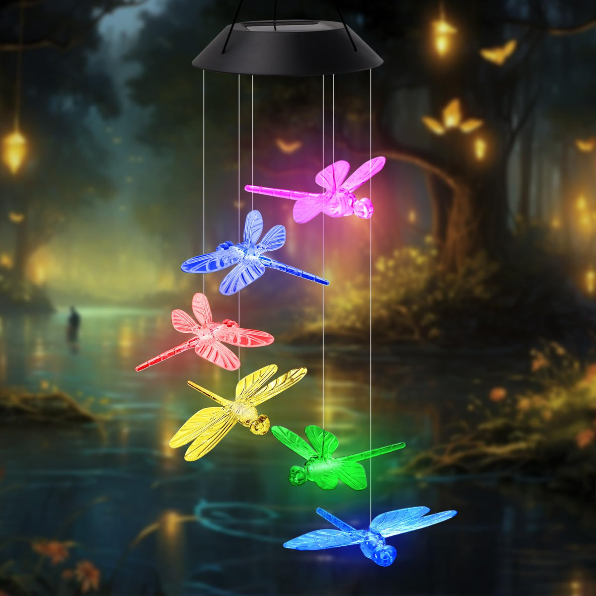 AVEKI wind chimes color-changing LEDs create dynamic night visuals outdoors.