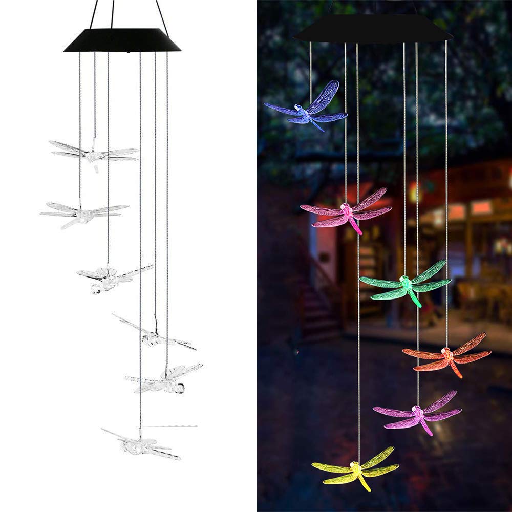 AVEKI Solar Wind Chimes with dragonfly lights glow for outdoor ambiance.