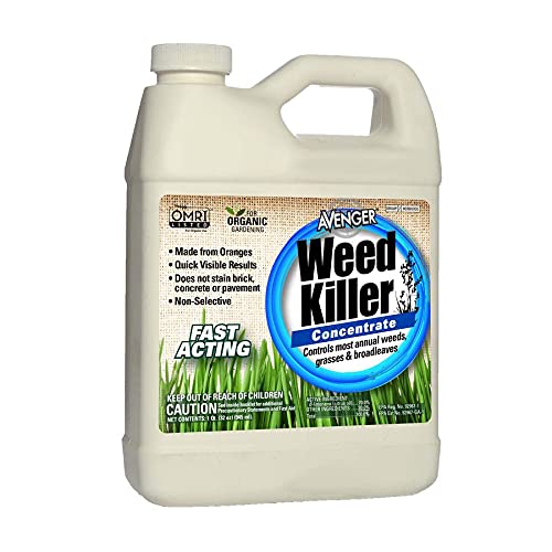 Avenger Organics weed killer concentrate bottle pour for easy, targeted weed control in organic gardens.