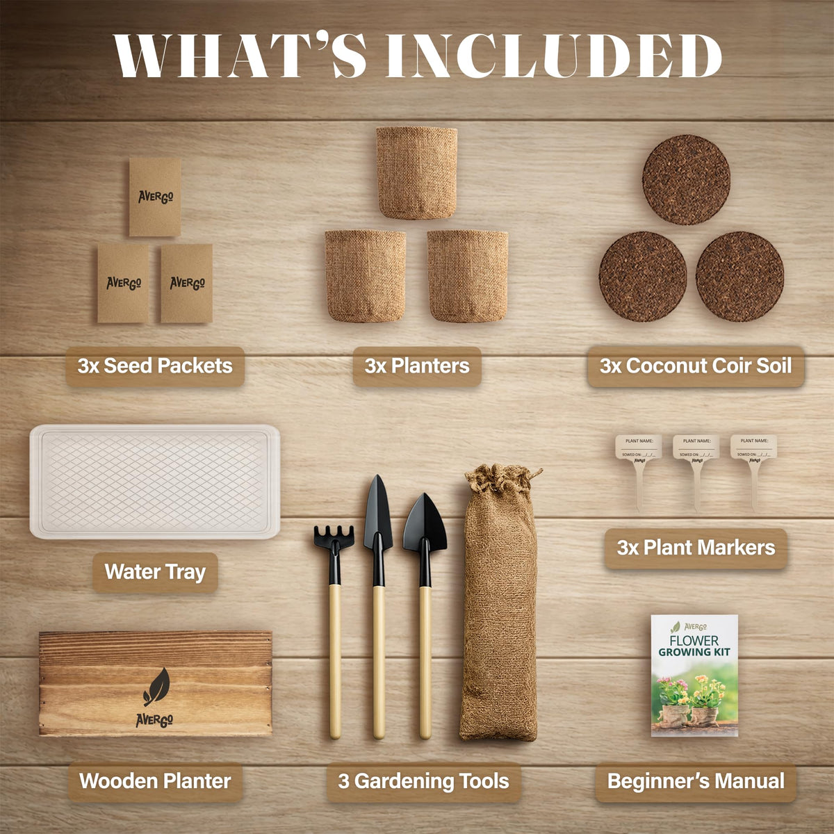 AVERGO planters image features rustic containers ready for indoor planting.
