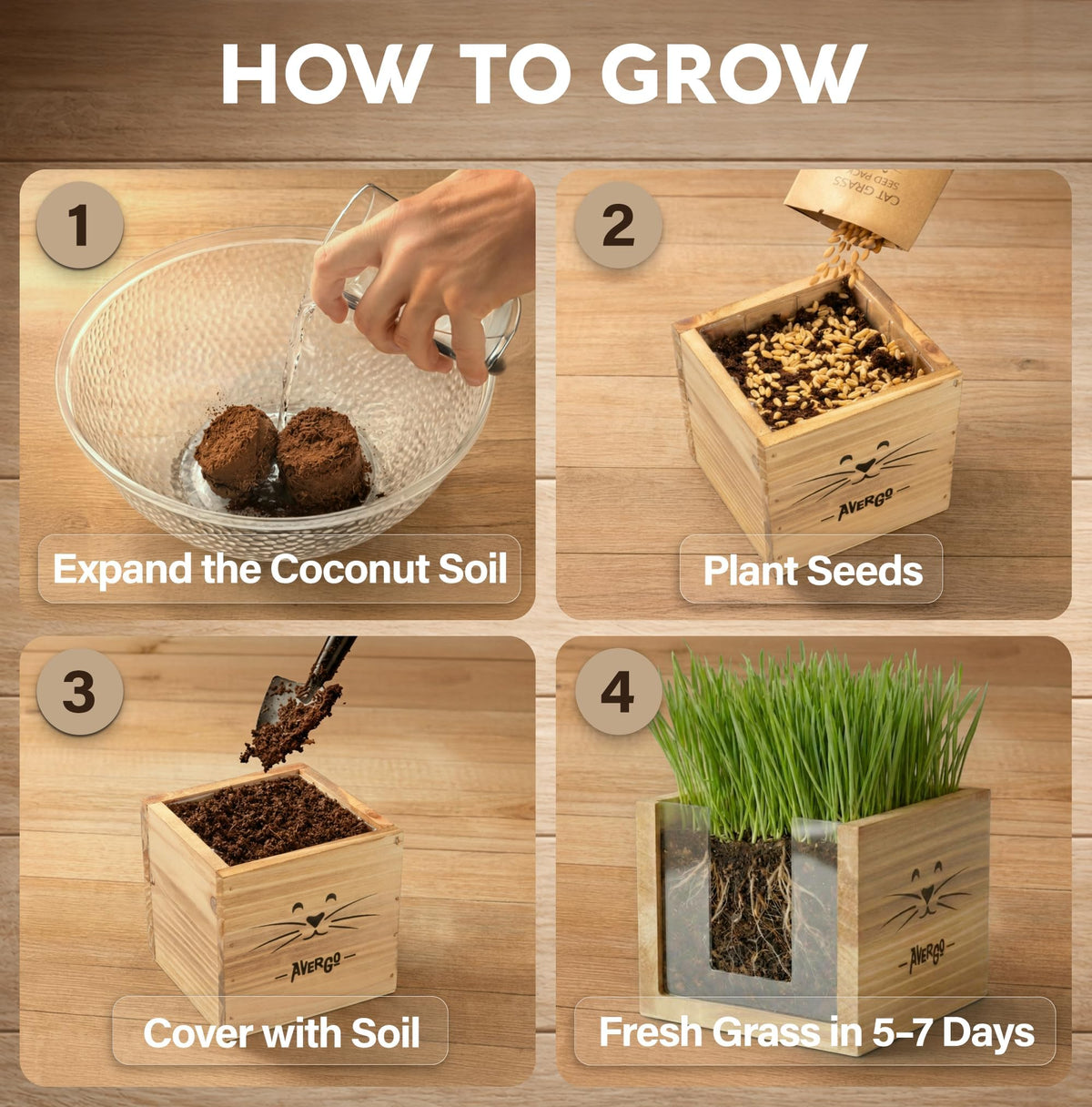 AVERGO Cat Grass Kit wooden planter close-up showcasing tidy indoor setup.