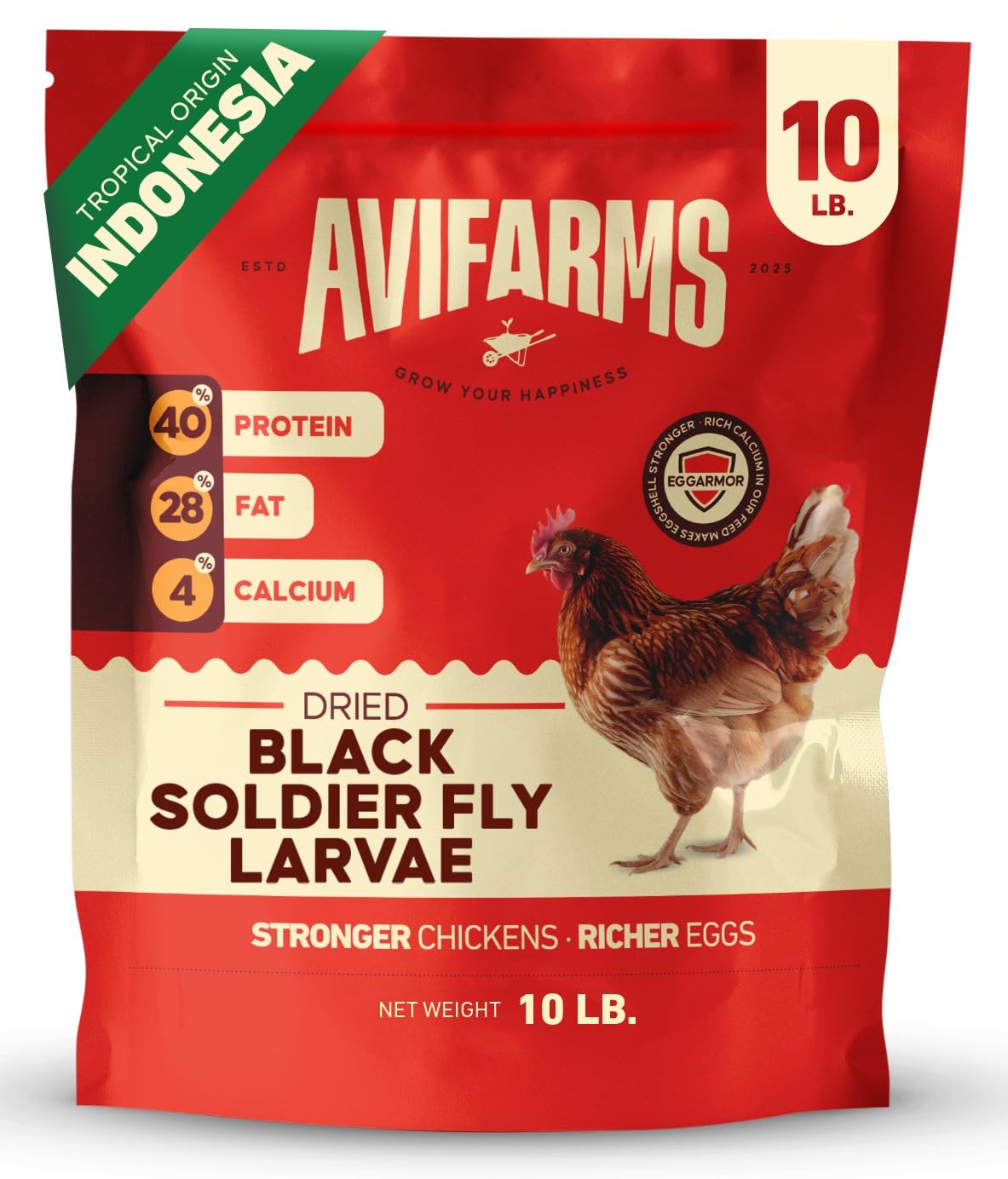 Avifarms dried black soldier fly larvae in a 10lb bag, calcium-rich poultry treat for chickens.