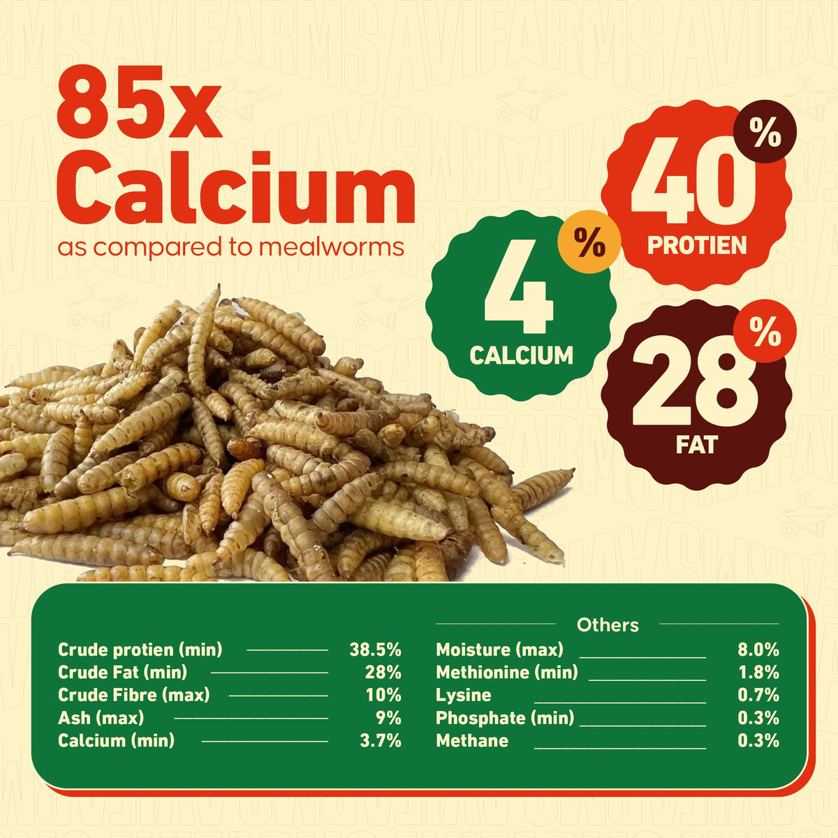 Non-GMO label on Avifarms larvae bag, indicating natural chicken food for birds.