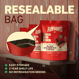 Resealable pouch of Avifarms larvae showing freshness and bulk value.