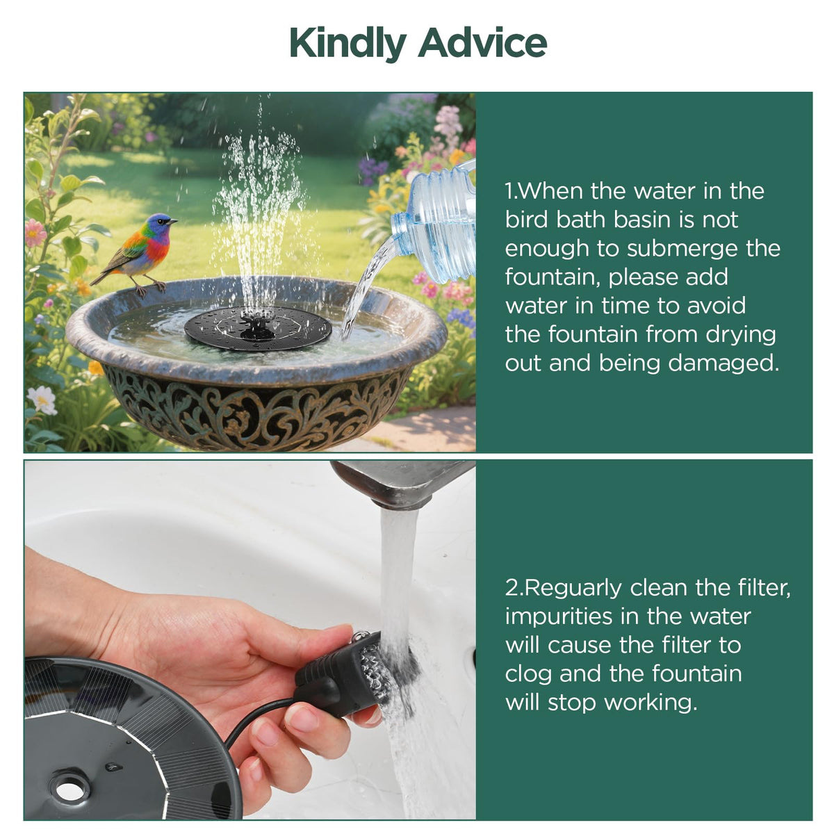 Avinory 1W outdoor garden fountain setup for bird bath and pond