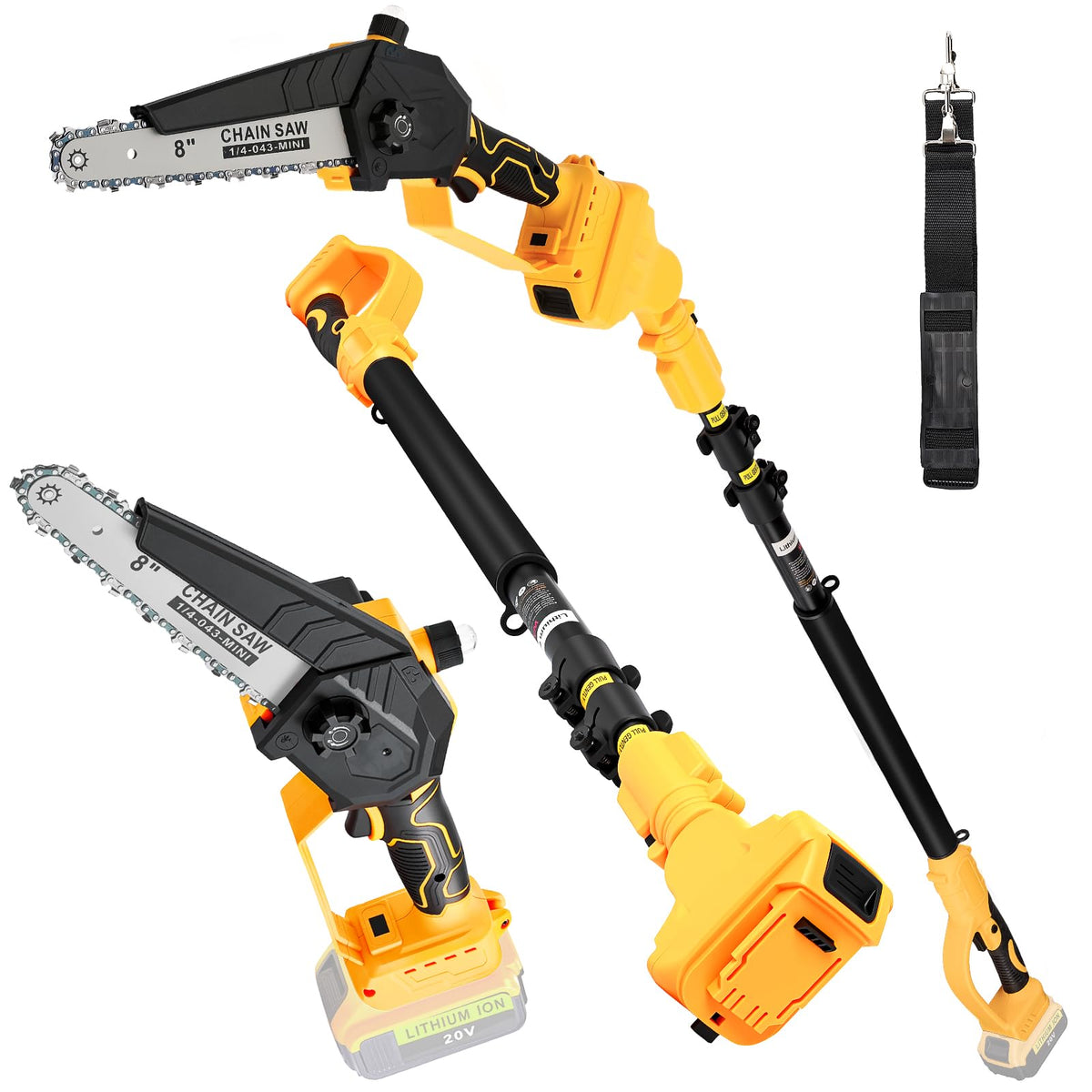 Avitomo 2-in-1 cordless pole saw demonstrates DeWalt compatibility for flexible power options.