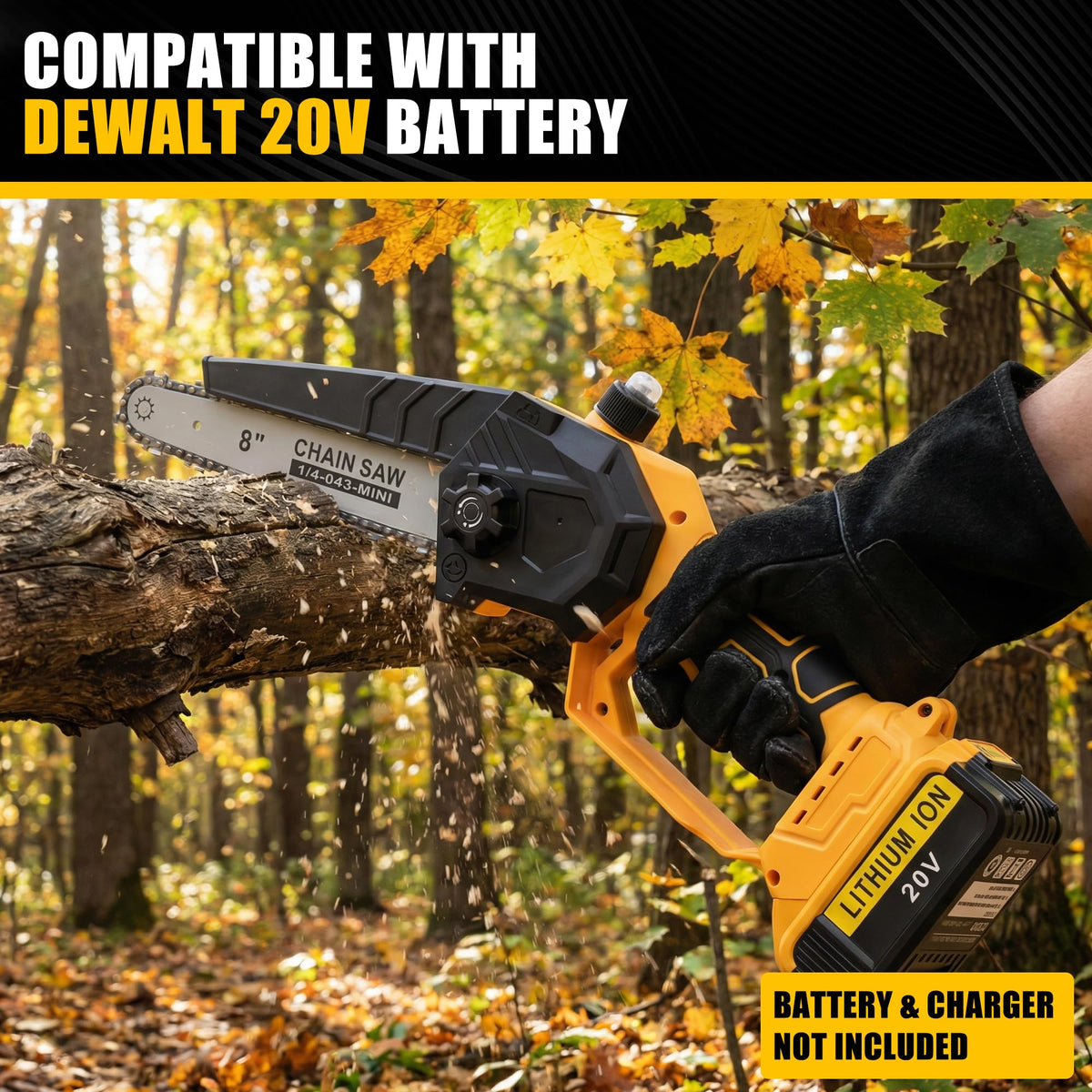 Avitomo 8-inch detachable chainsaw ready for precise ground-level pruning.