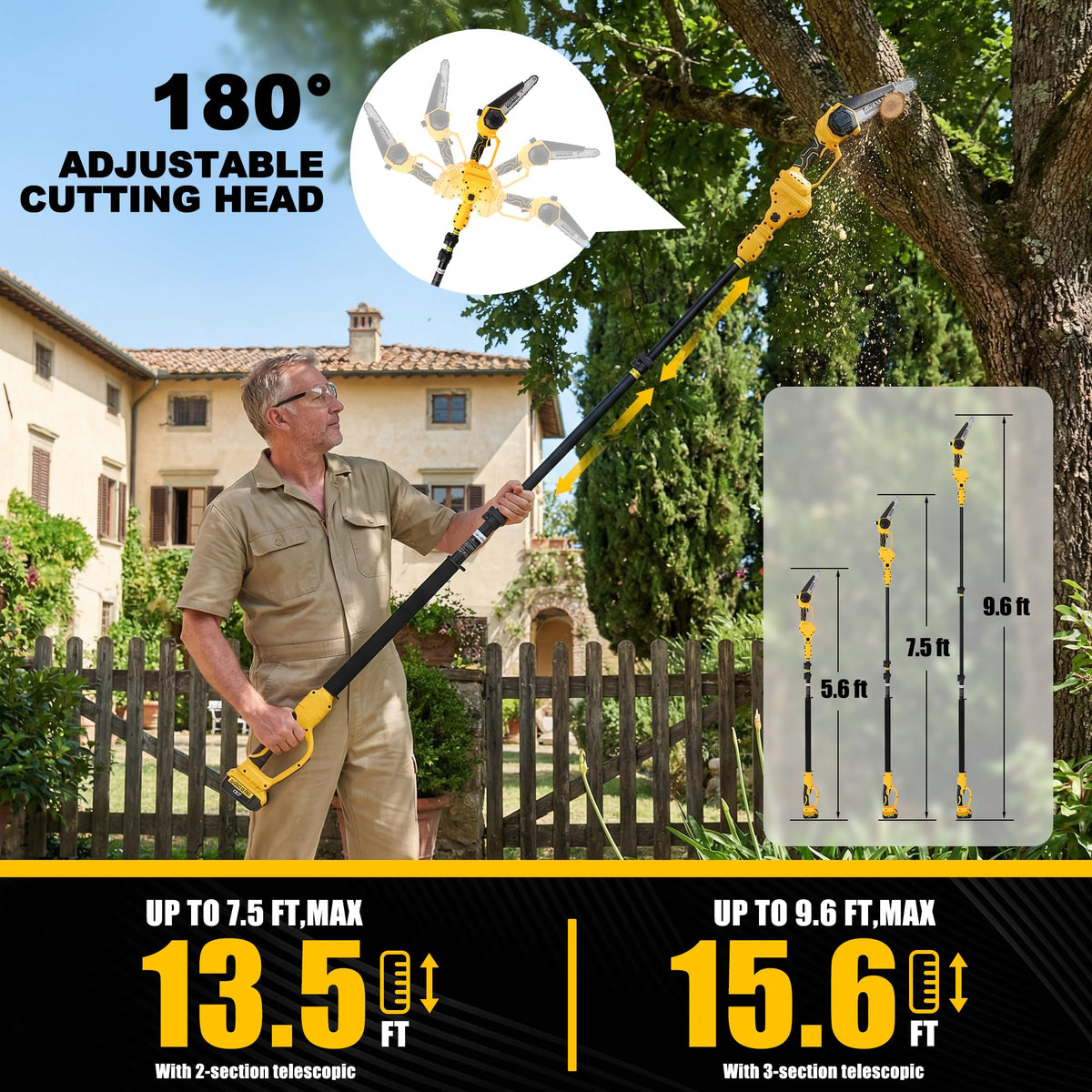 Avitomo telescopic three-section pole extends reach for high branches.