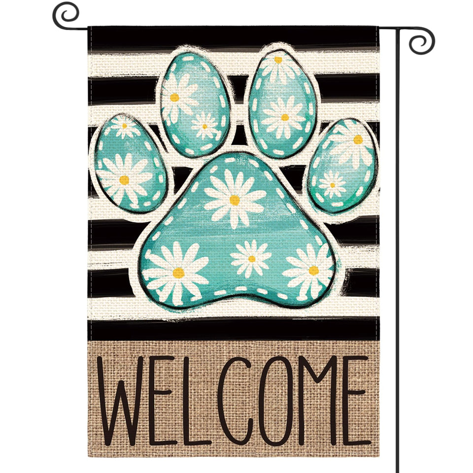 AVOIN colorlife blue paw print flag front view adds welcoming curb appeal.