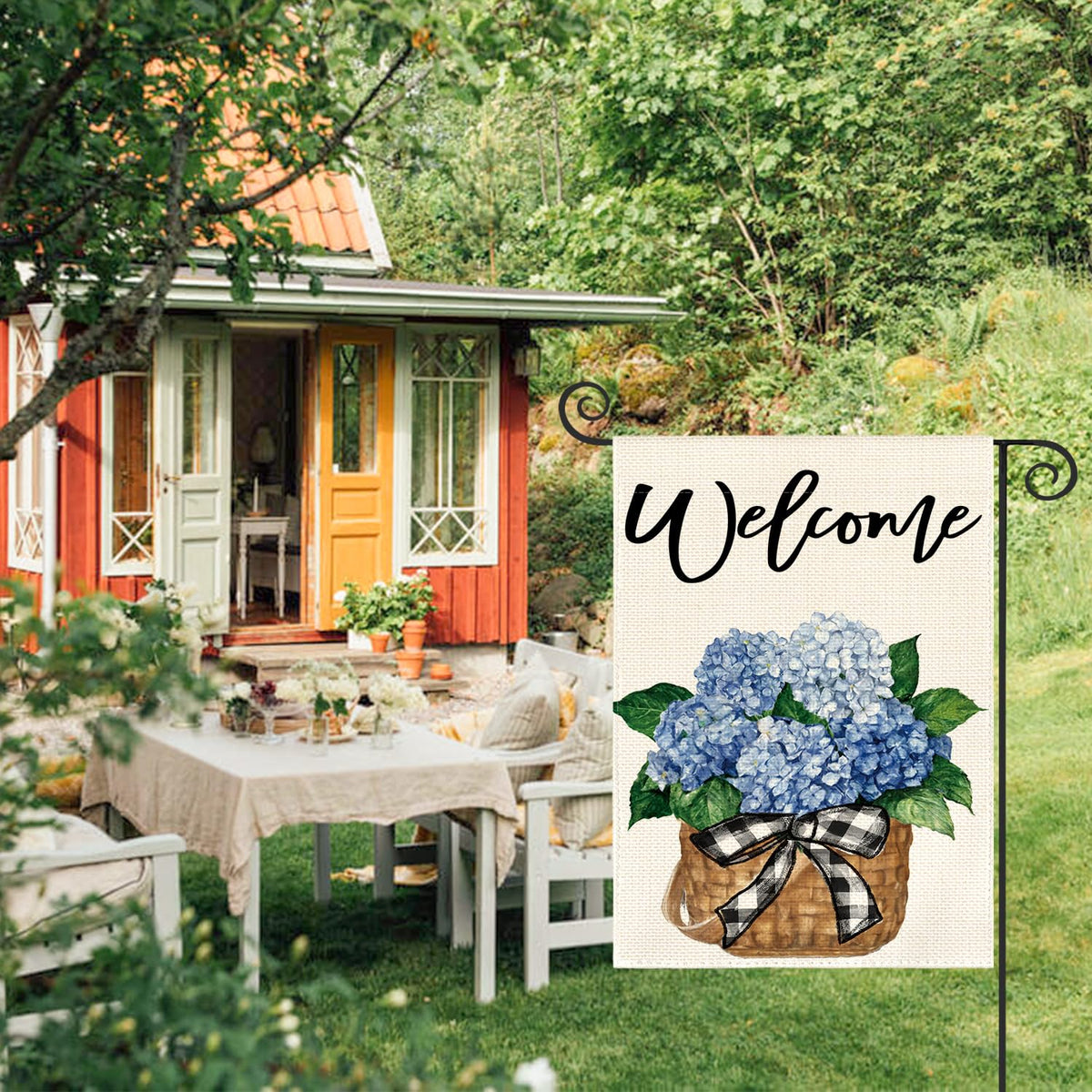 AVOIN colorlife Double-sided hydrangea flag visible from both directions.