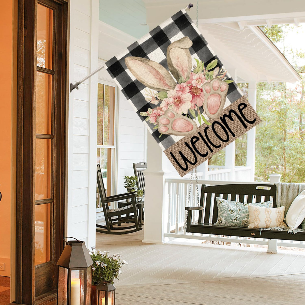 AVOIN colorlife Easter House Flag welcomes guests from patio or garden.