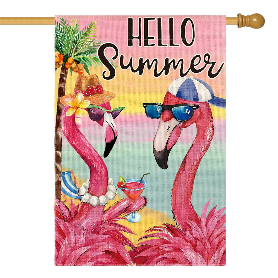 AVOIN colorlife Flamingo Hello Summer flag front view, weather resistant for outdoor decoration.