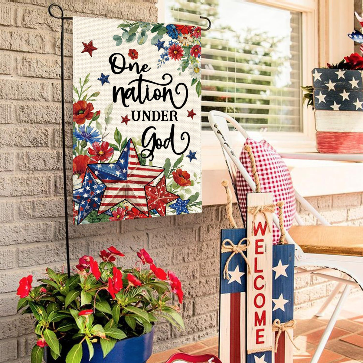 AVOIN colorlife floral patriotic design flag complements decks and fences beautifully.