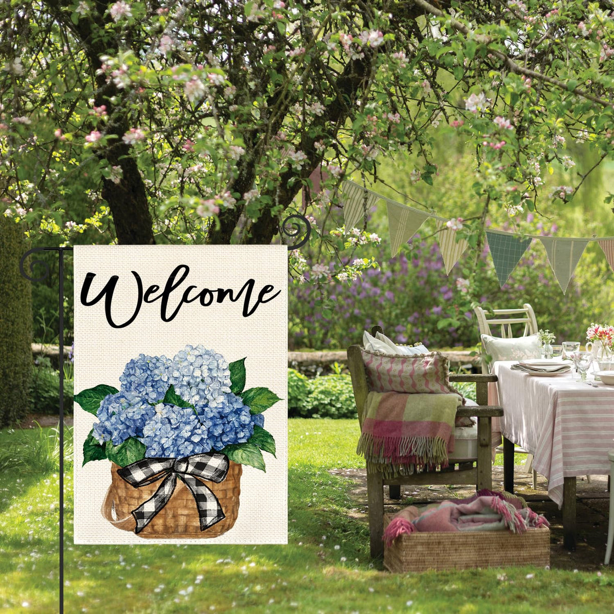 AVOIN colorlife Floral welcome yard flag creates a warm outdoor entrance.
