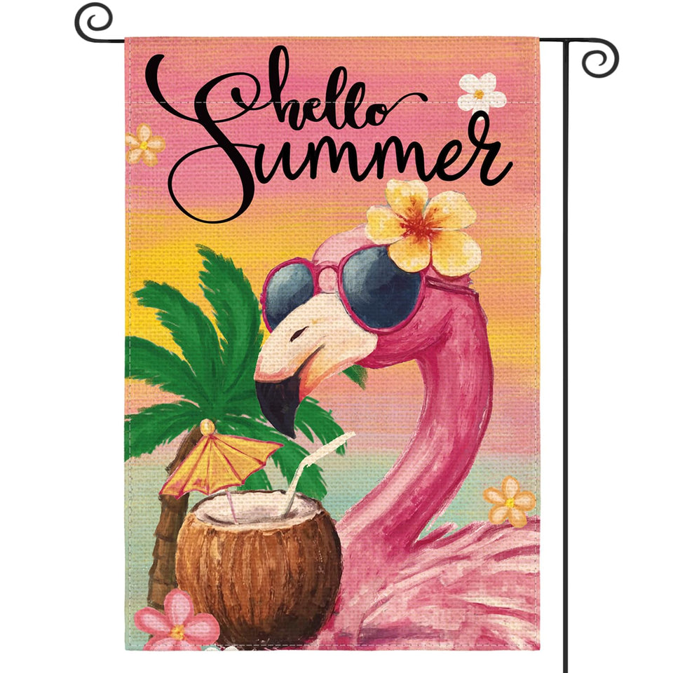 AVOIN colorlife Hello Summer Flamingo flag front view for welcoming guests outdoors