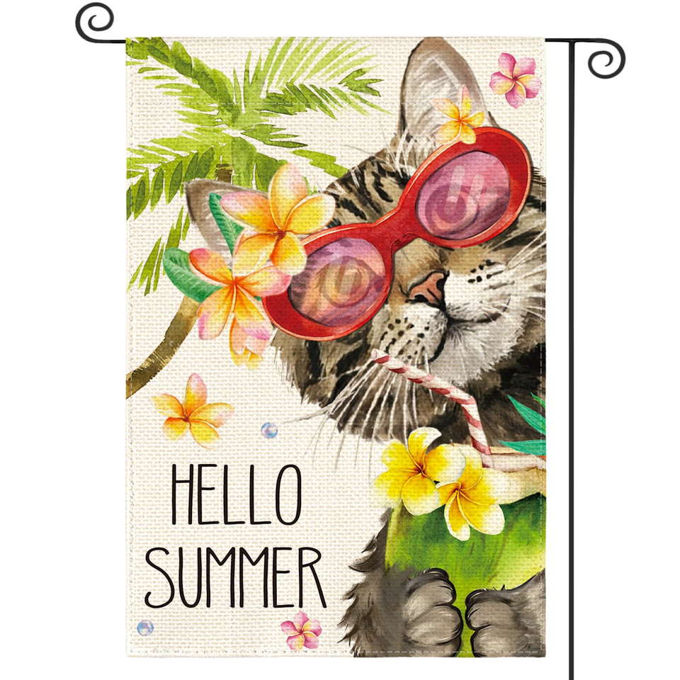 AVOIN colorlife Hello Summer Floral Cat flag front view for welcoming porch decor