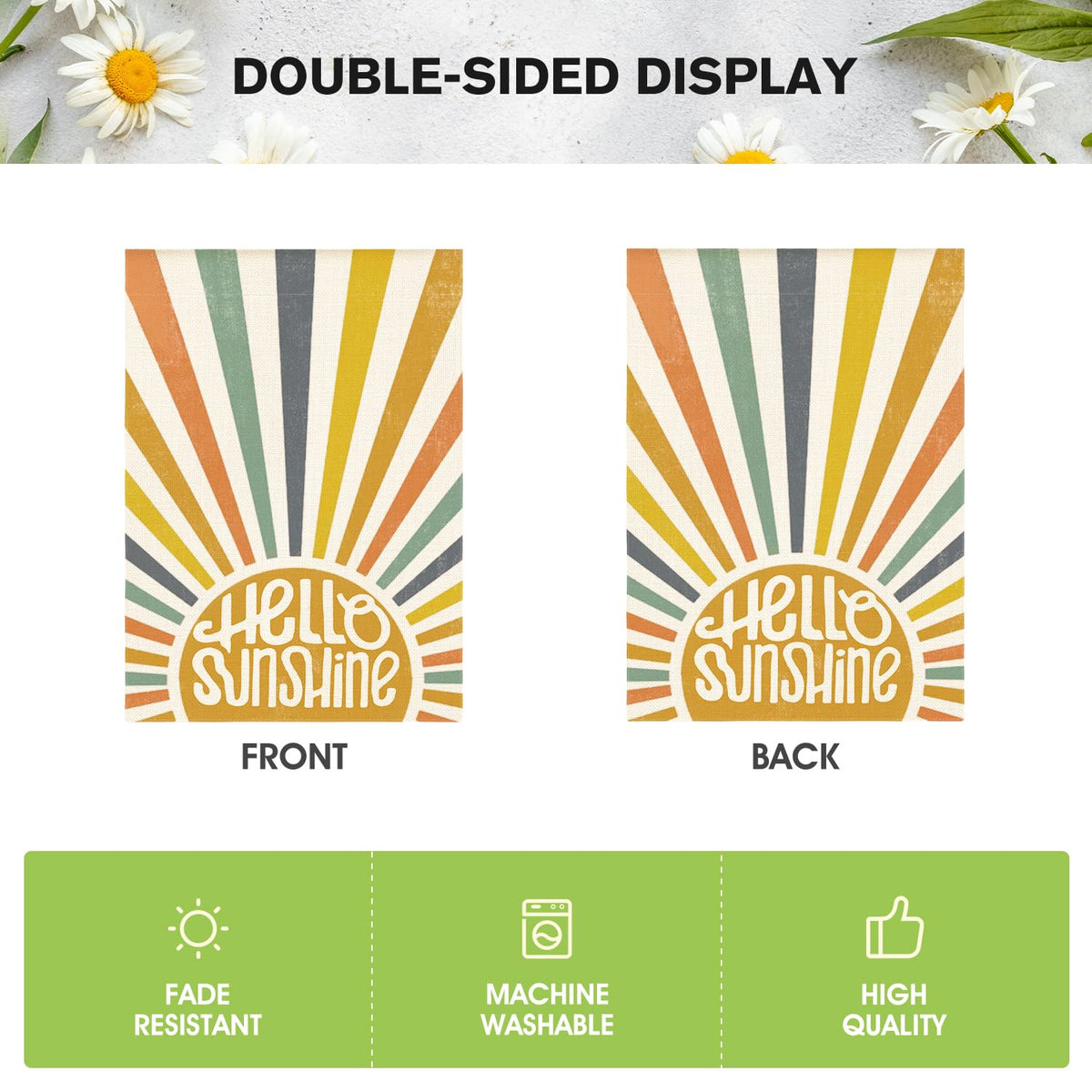AVOIN colorlife Hello Sunshine flag on lawn greets guests stylishly.