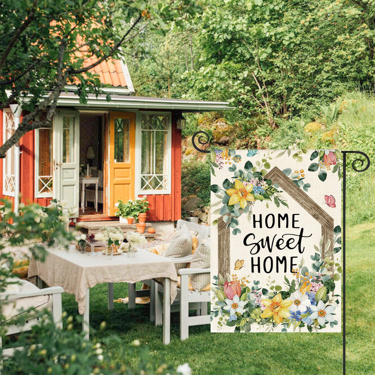 AVOIN colorlife Home Sweet Home flag back view for cohesive yard decor