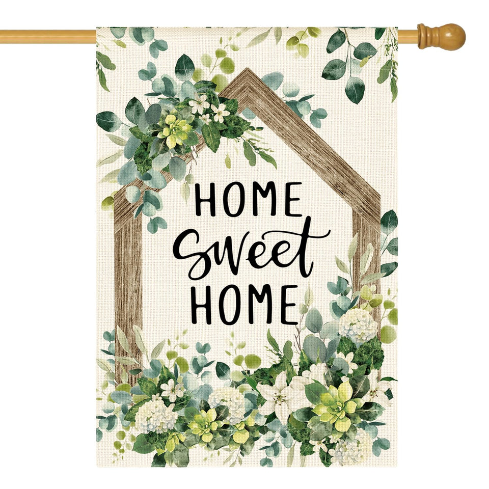 AVOIN colorlife Home Sweet Home flag with eucalyptus front design for outdoor welcome.