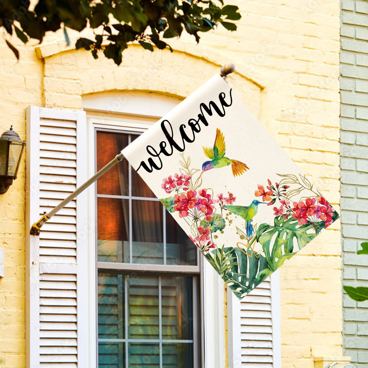 AVOIN colorlife hummingbird floral welcome flag back view doubles as stylish outdoor decor.