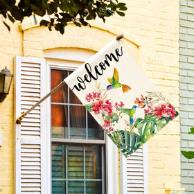 AVOIN colorlife hummingbird floral welcome flag back view doubles as stylish outdoor decor.